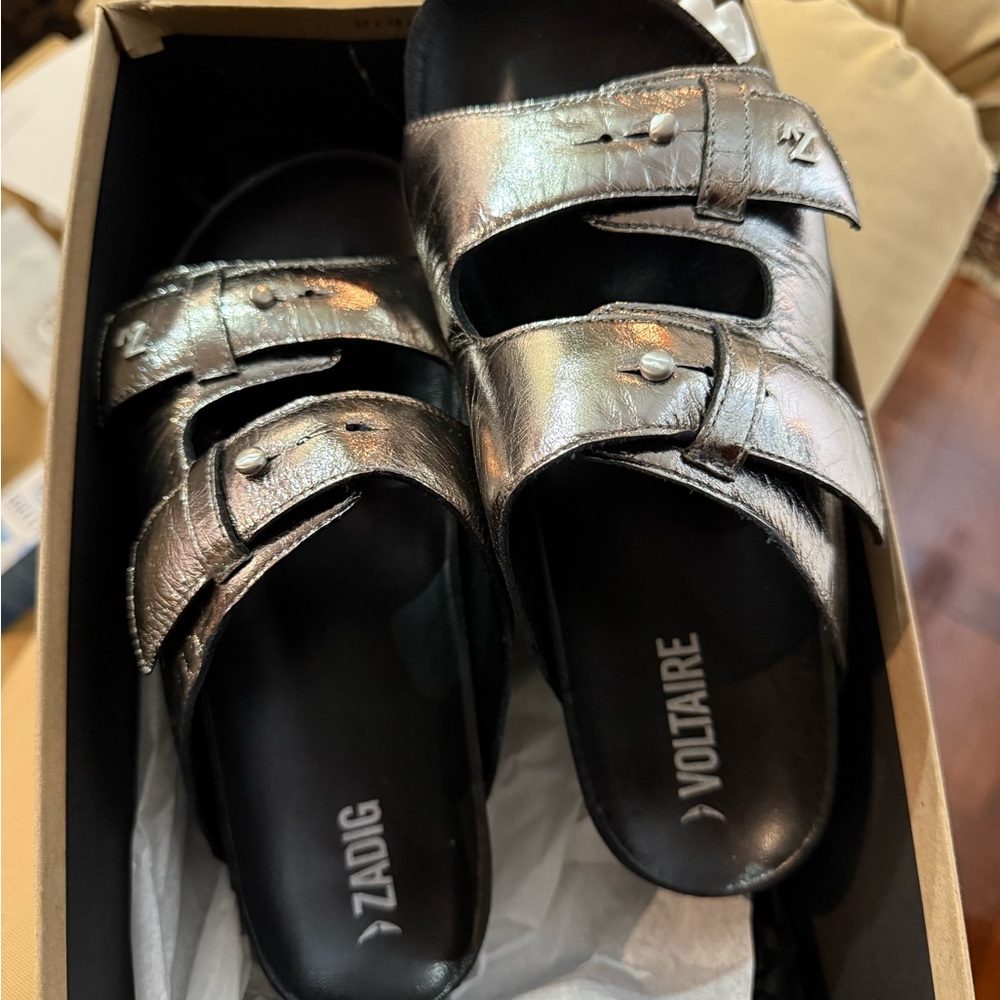 Zadig & Voltaire Alpha Vintage Metal Silver Sandals shoes 38